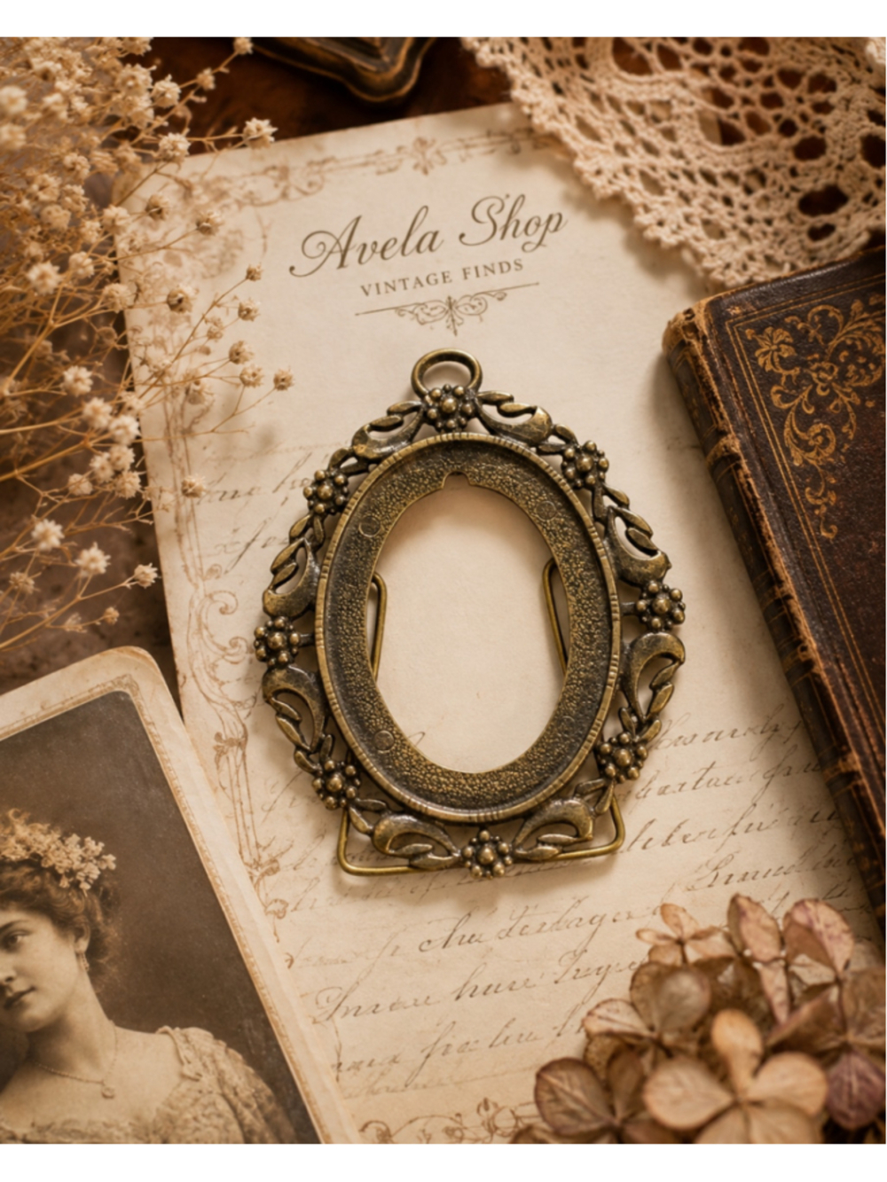 Vintage Antique Brass Oval Portrait Pendant Frame Empty Cameo Setting Filigree